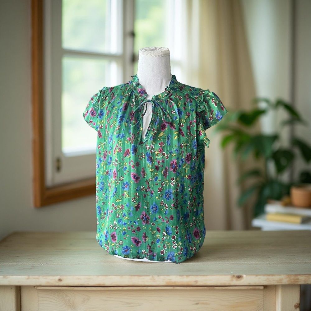 Blue Puff Sleeve Tie Front Blouse